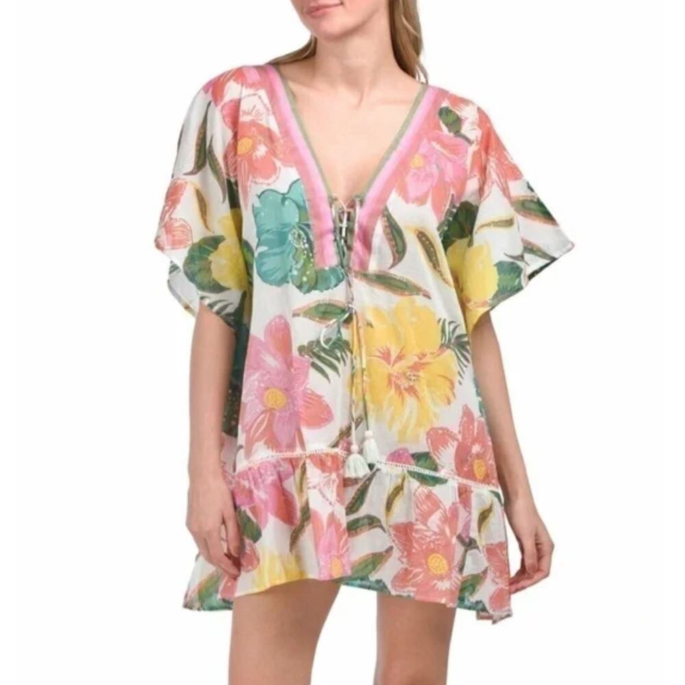 Boutique Z&L Floral Printed Swimsuit Cover Up Tunic OS Tropical Resortwear Boho
